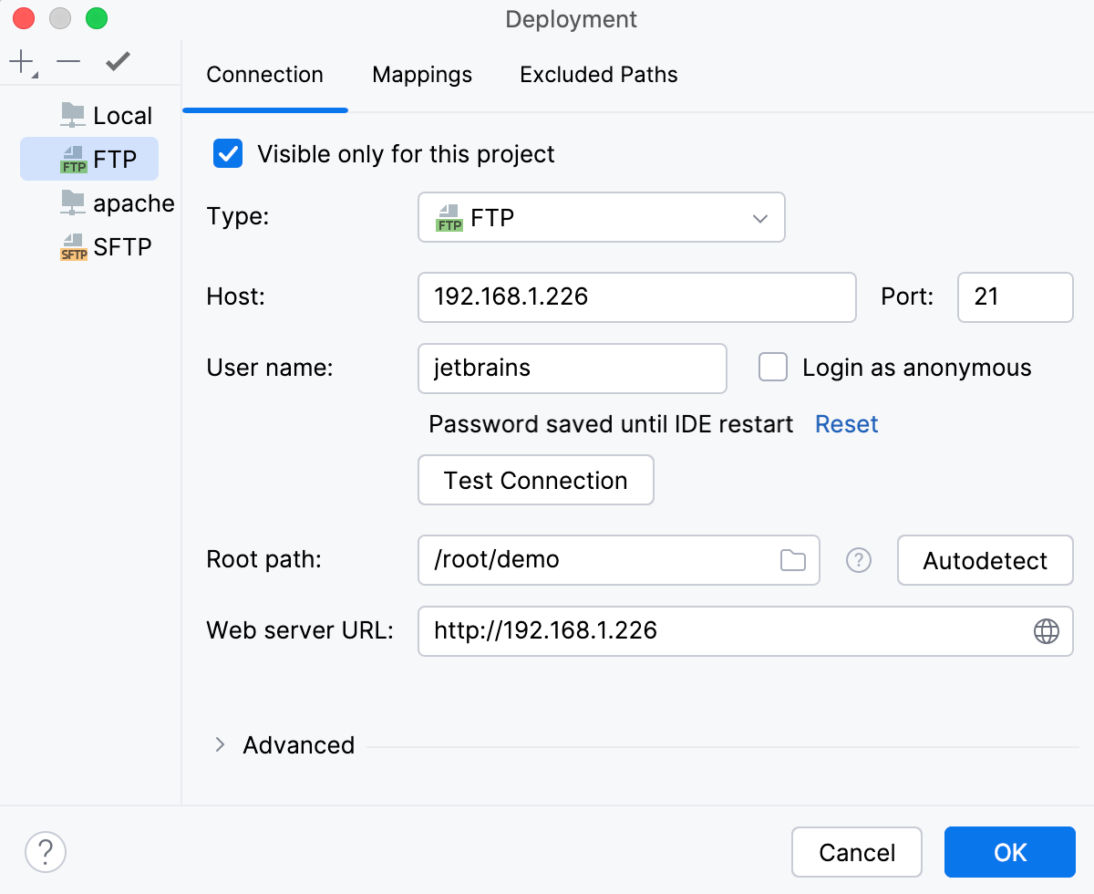 Create remote server: FTP connection