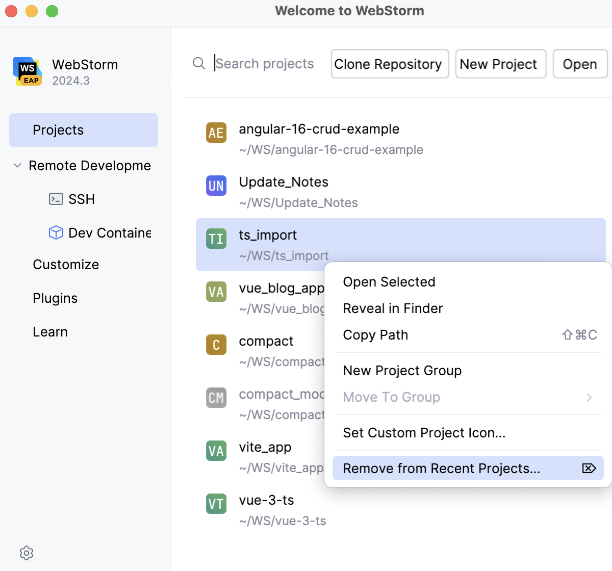 Remove a project from recent Projects on the Welcome Screen: context menu