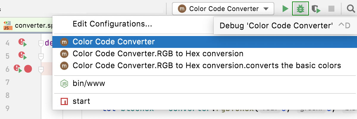 Select run/debug configuration