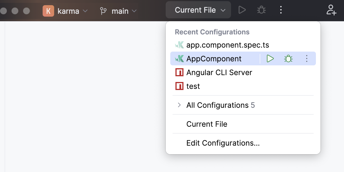 Select run/debug configuration