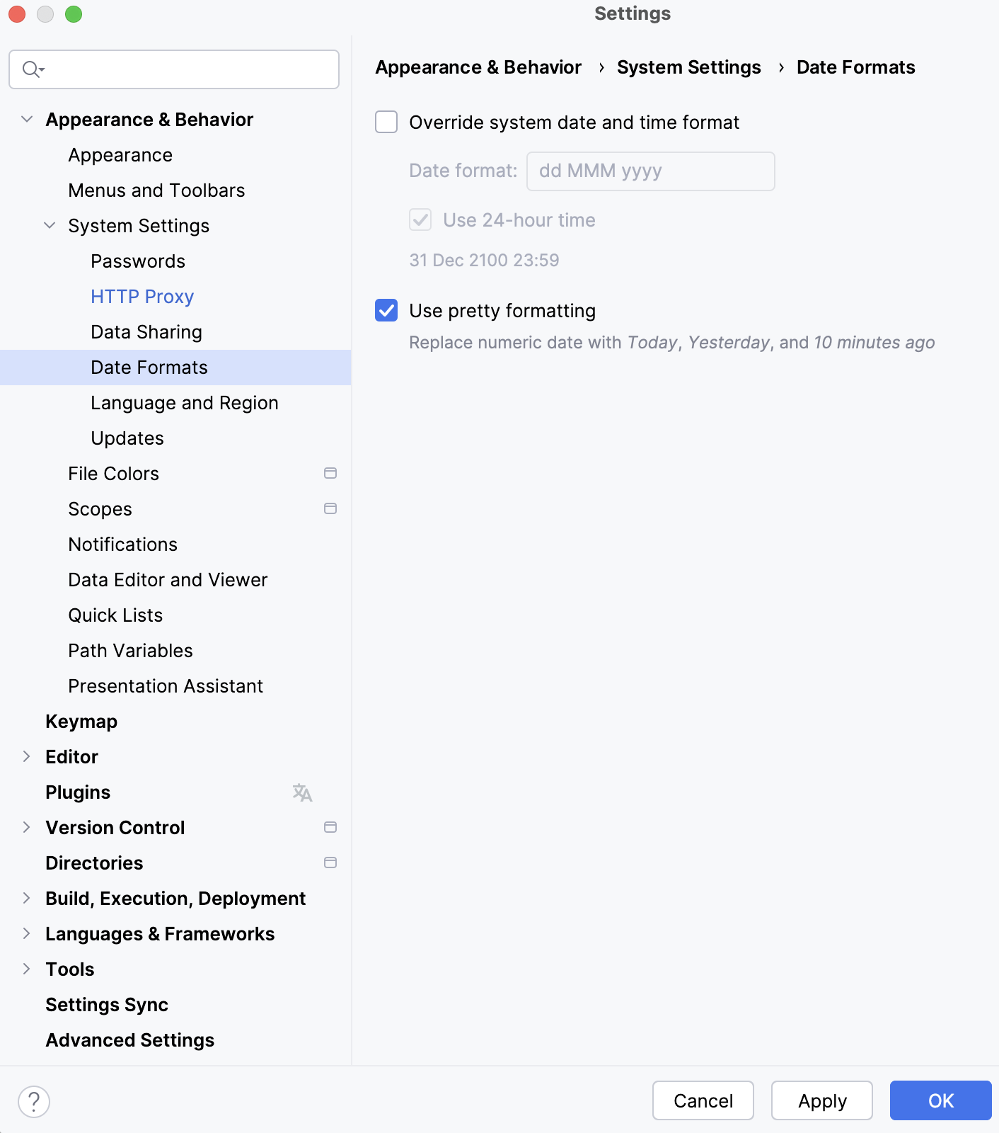 The Date Formats settings page