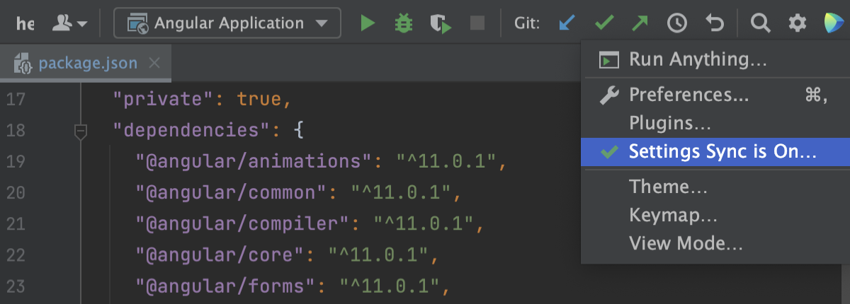 IDE and Project settings menu