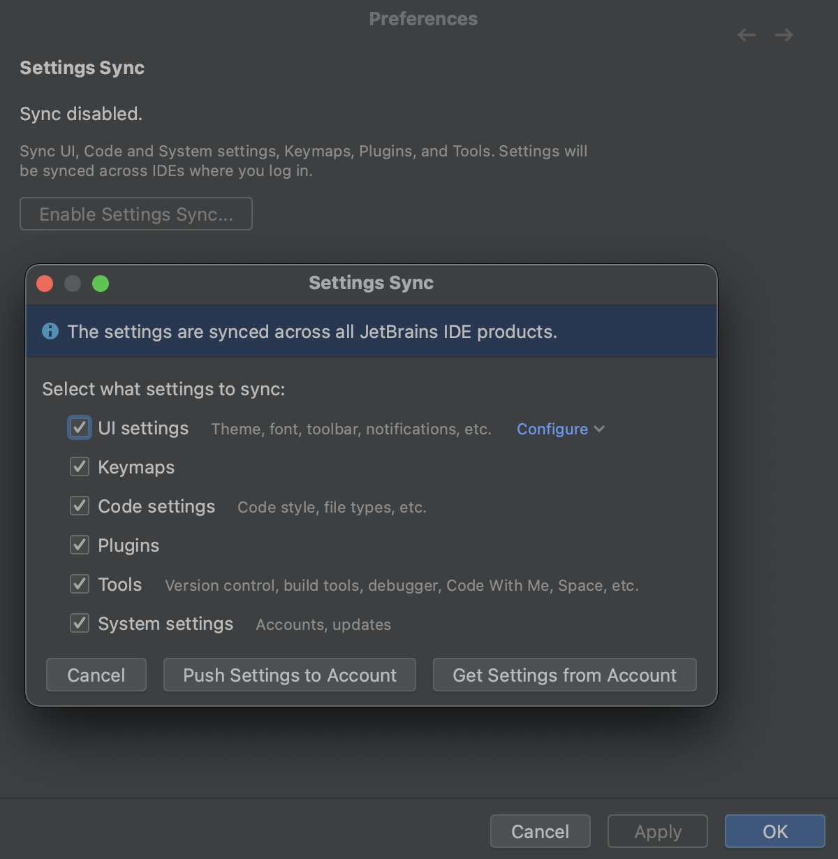 Settings Sync dialog