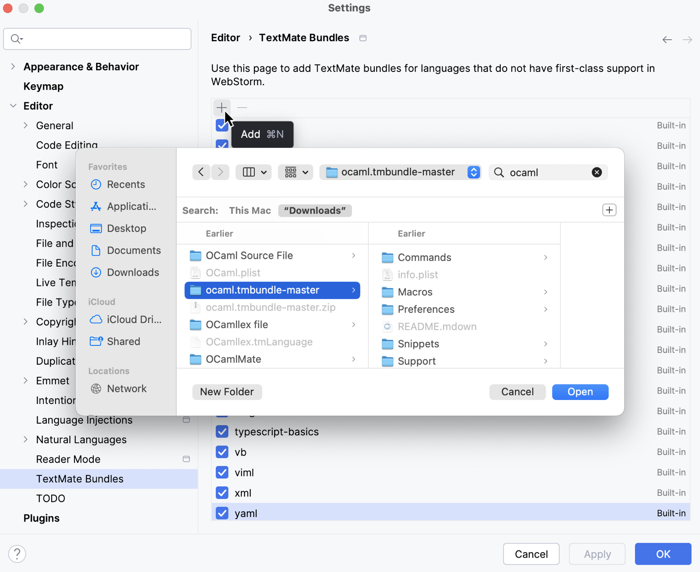 Adding a custom TextMate Bundles in the IDE settings