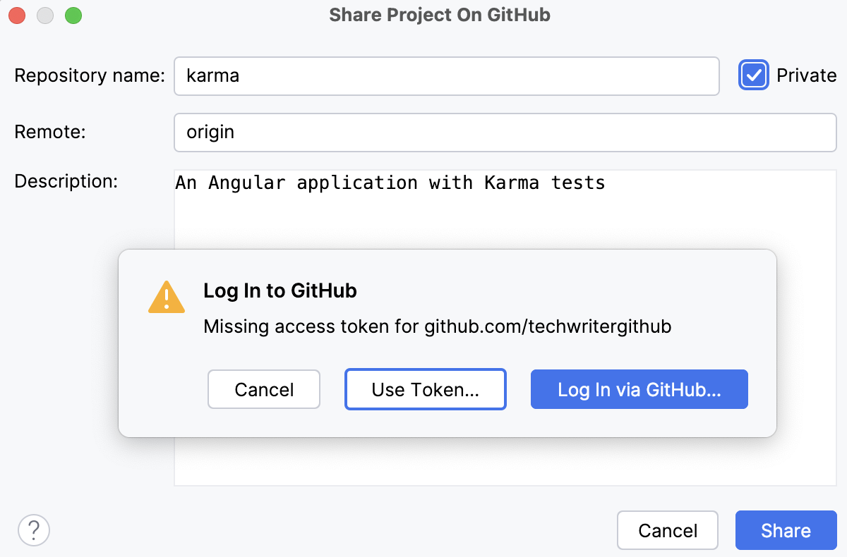 Share project on GitHub dialog