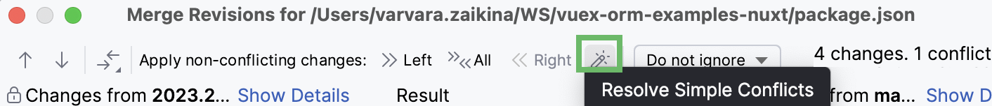 the Resolve simple conflicts toolbar button