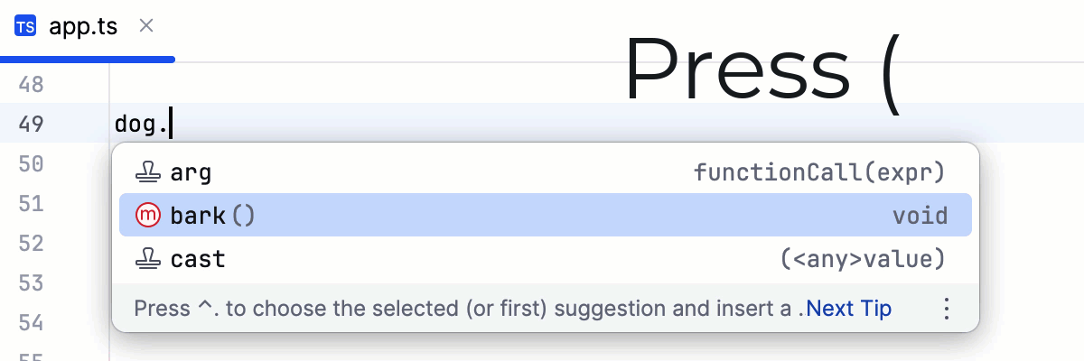 Insert parentheses on completion is disabled. Parentheses are still inserted on completion with an opening brace.