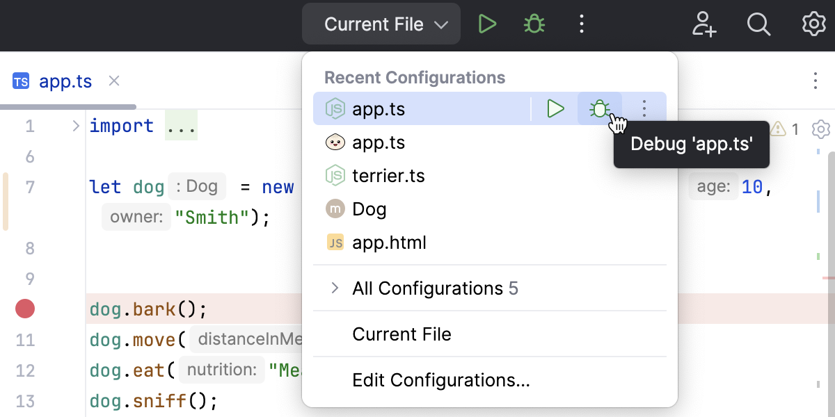 Selecting a run/debug configuration