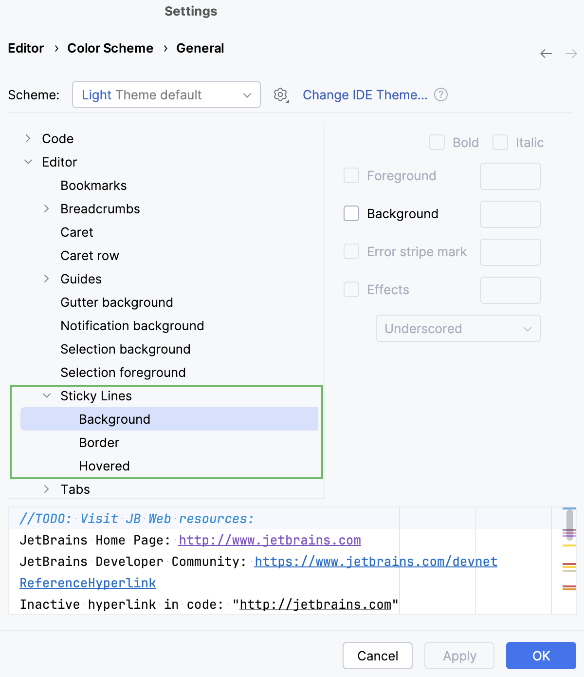 Sticky lines color scheme settings