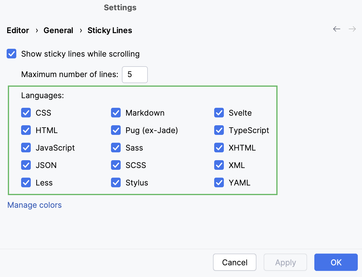 Disable sticky lines for specific language