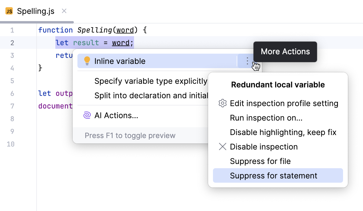 Suppressing an inspection in the editor  (JavaScript or TypeScript)