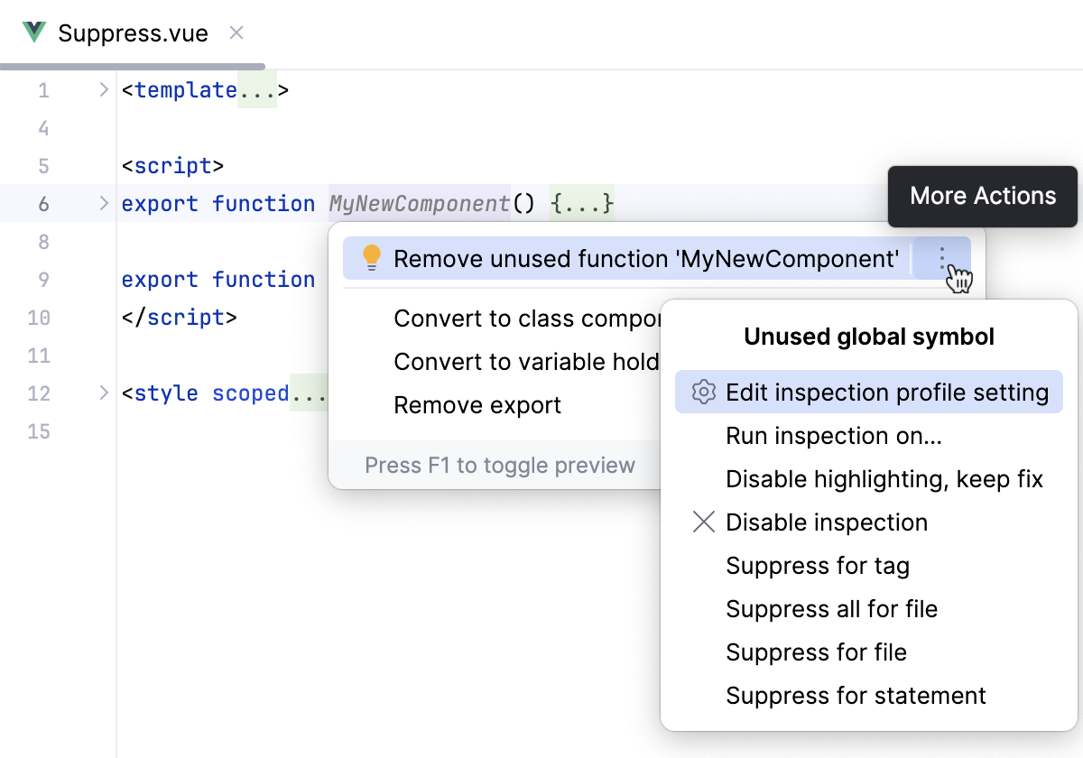 Suppress inspection in the editor (Vue.js and HTML)