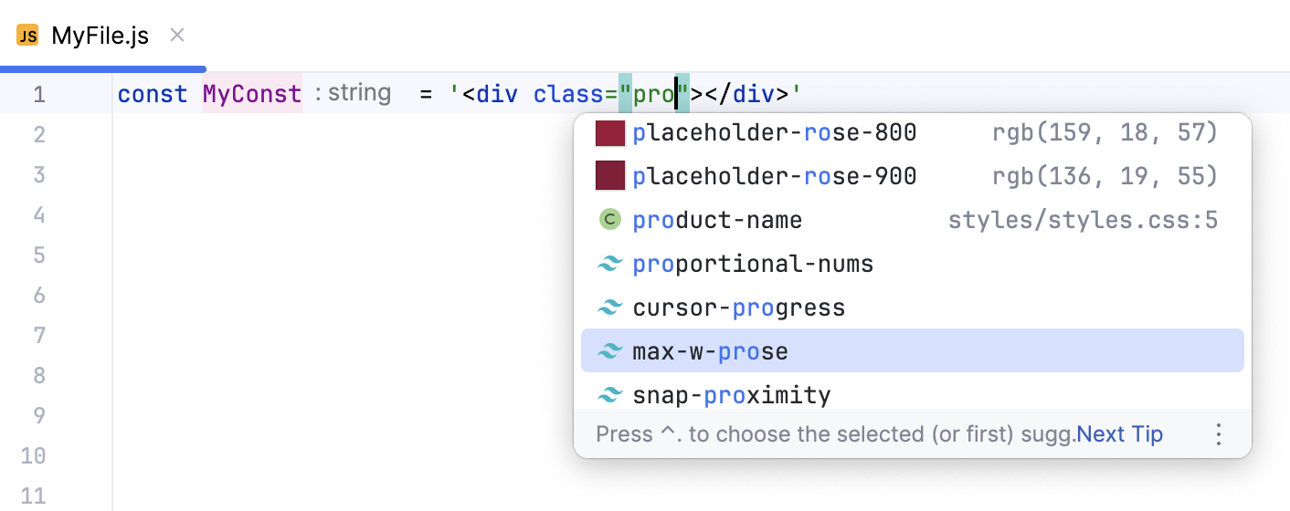 Completion for Tailwind classes in JavaScript string literals