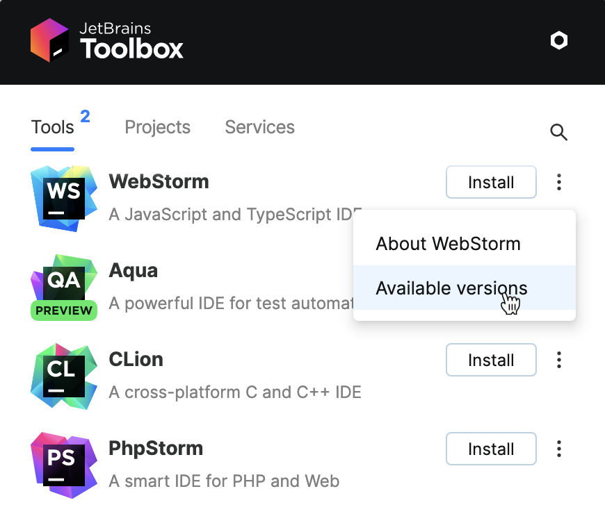 WebStorm in the Toolbox App