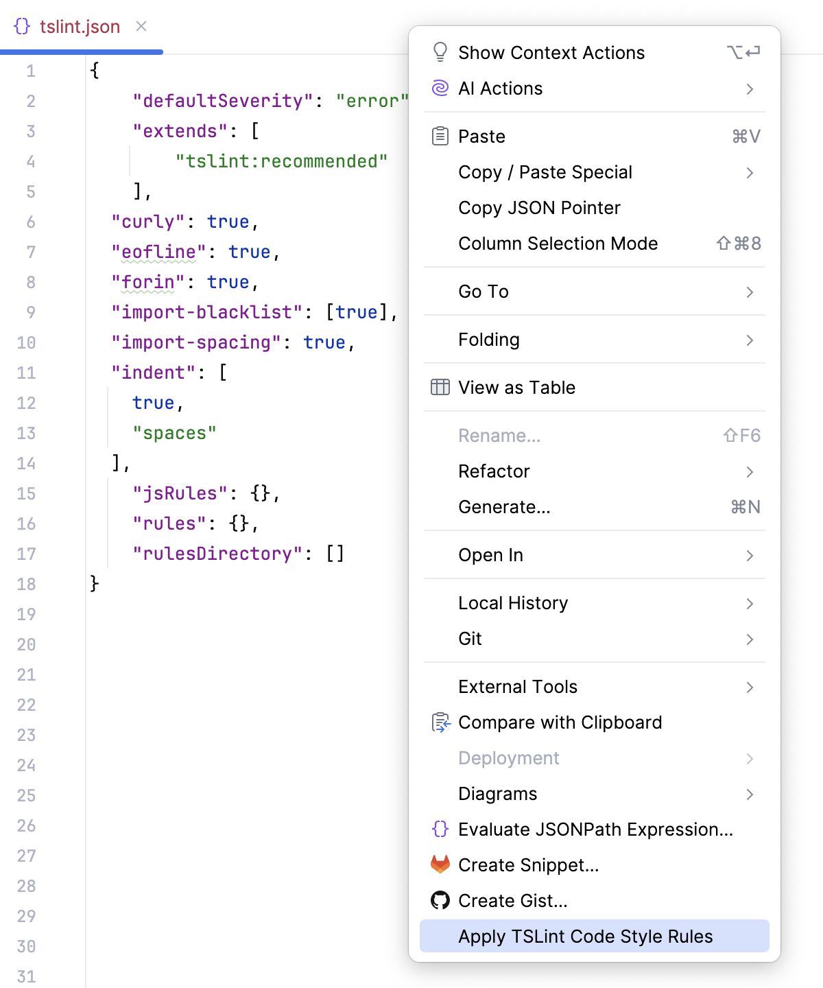 Import TSLint code style rules from the editor: context menu