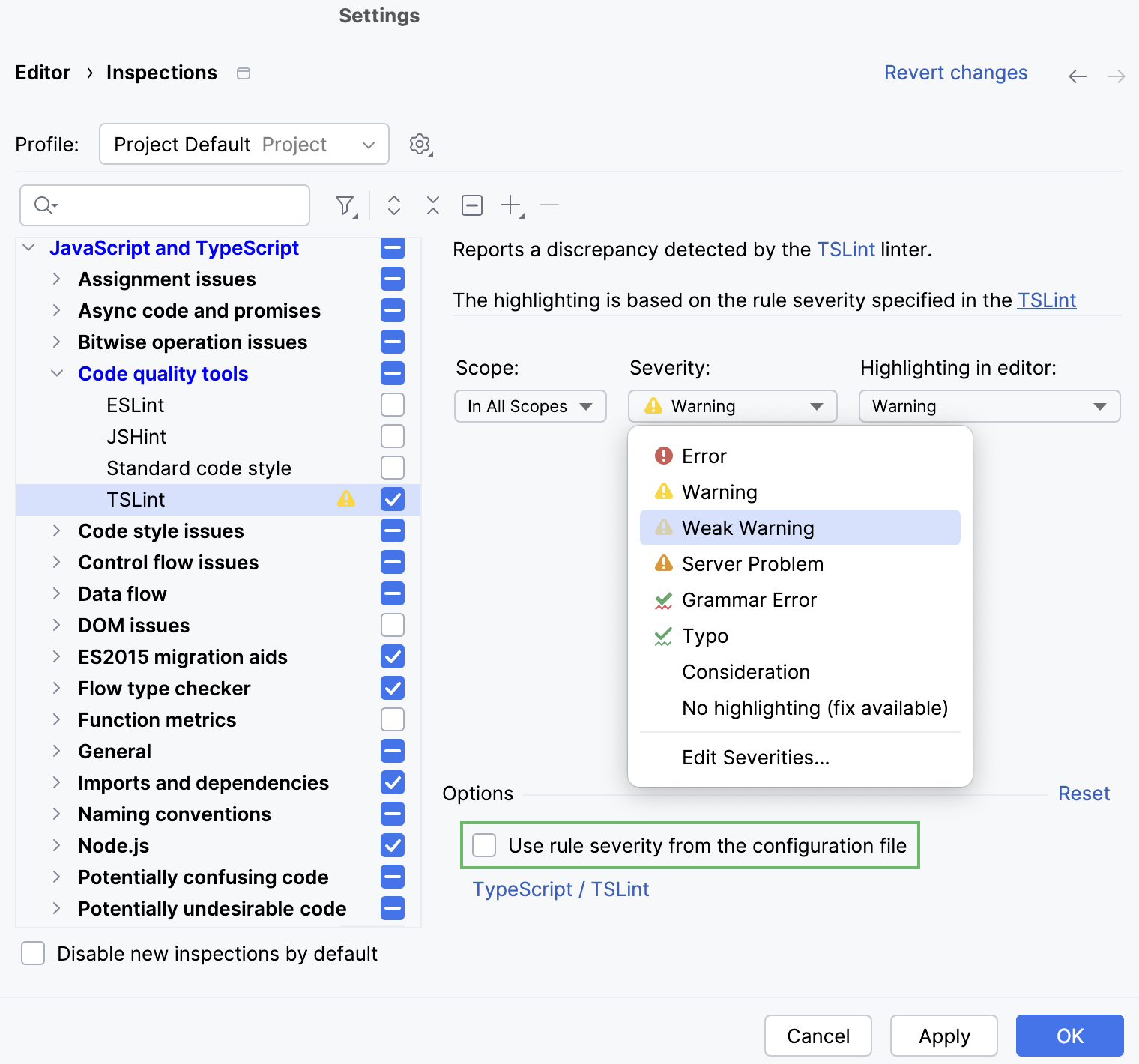 Specifying a custom severity level for TSLint