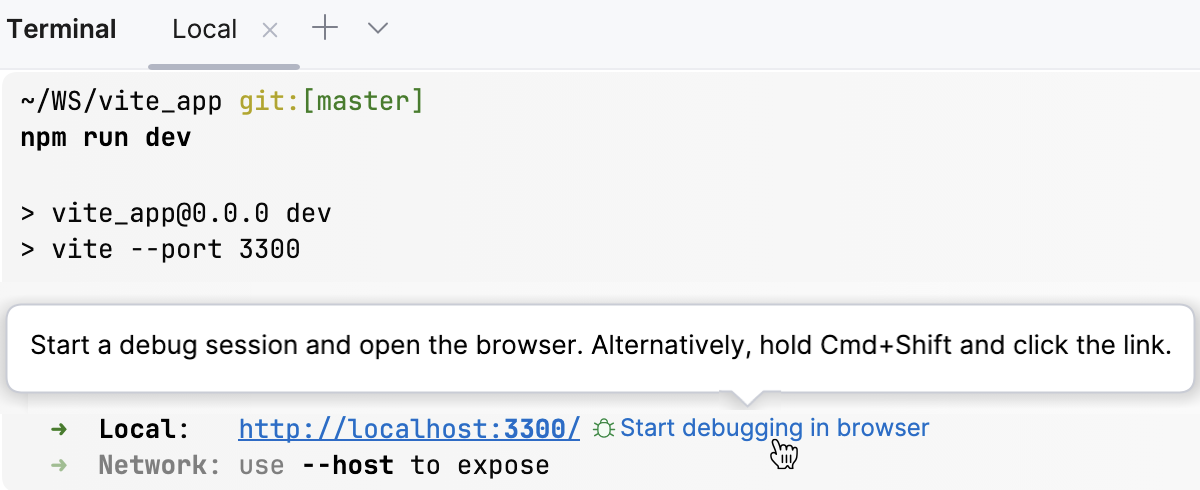 New Terminal: the Start debugging in browser button