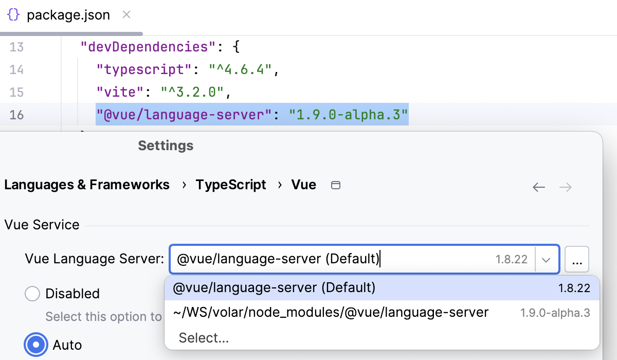 Select a custom Vue Language Server