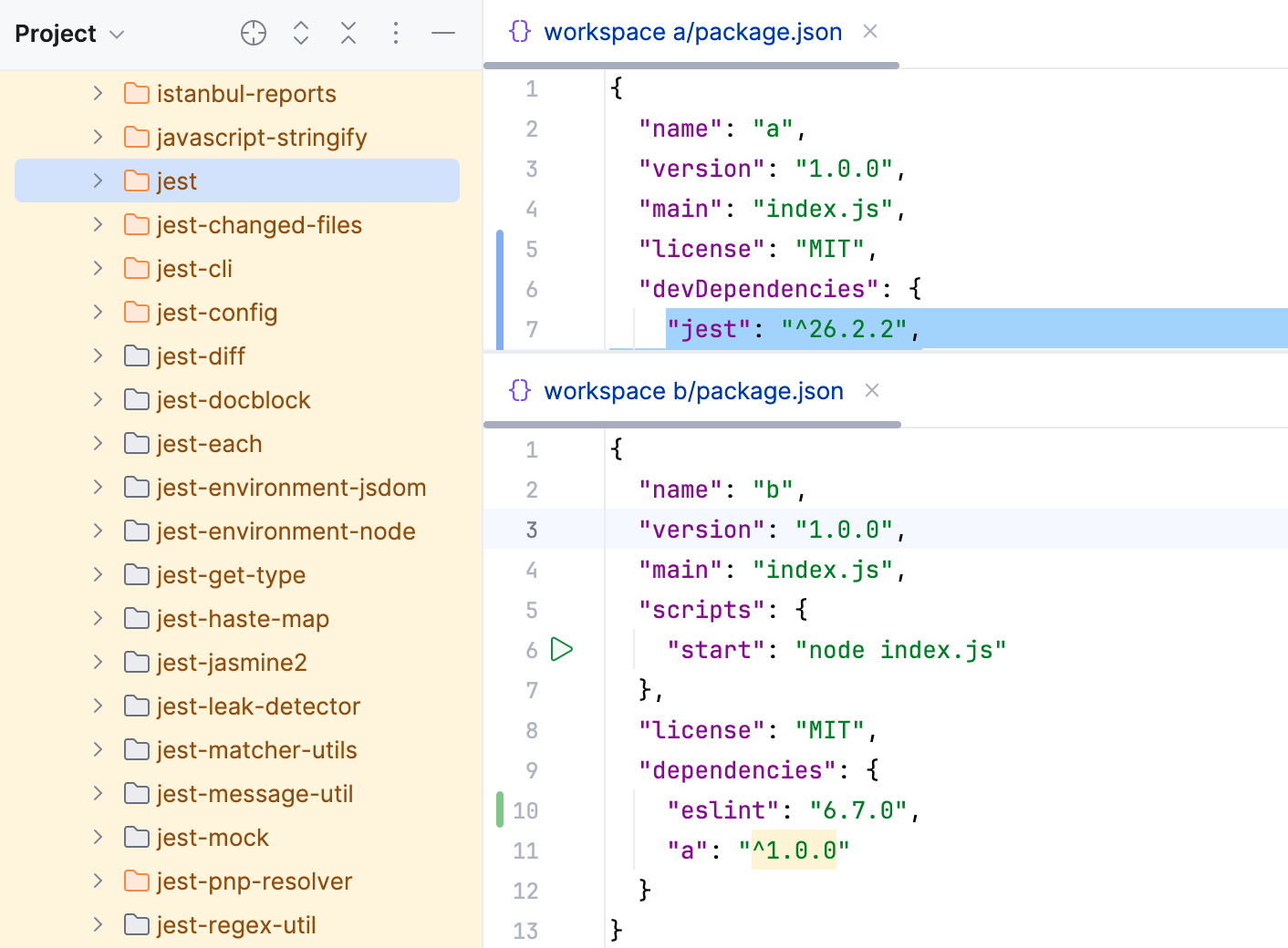 WebStorm indexes all the dependencies listed in different package.json files but stored in the root node_modules folder