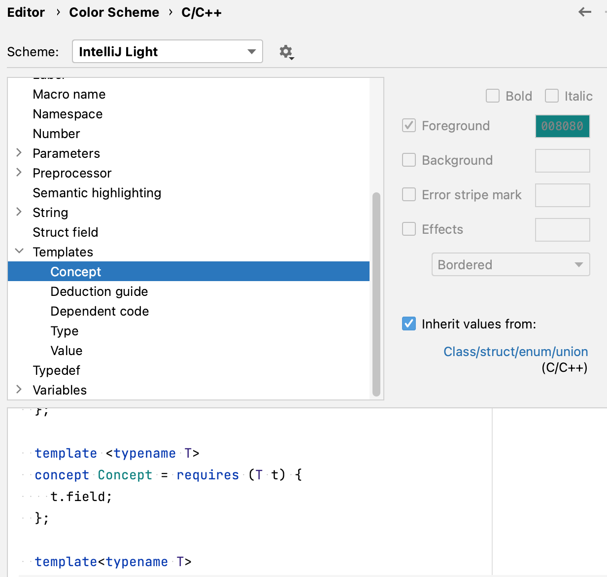 Syntax highlighting settings for Concepts Syntax highlighting settings for Concepts