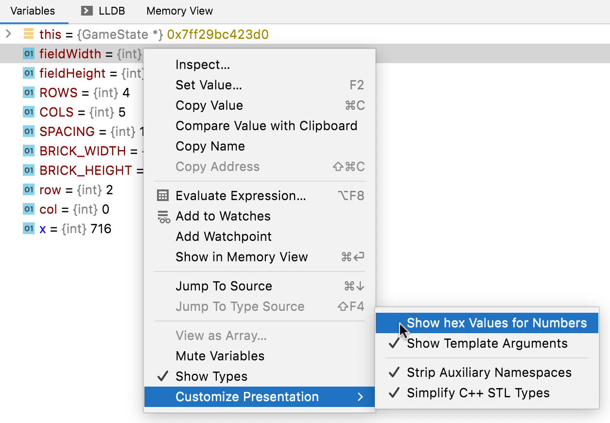 Variables view context options Variables view context options