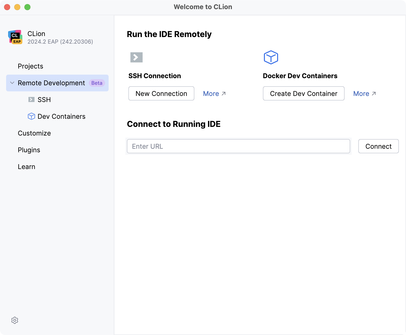 Configuring remote development settings on Welcome screen Configuring remote development settings on Welcome screen
