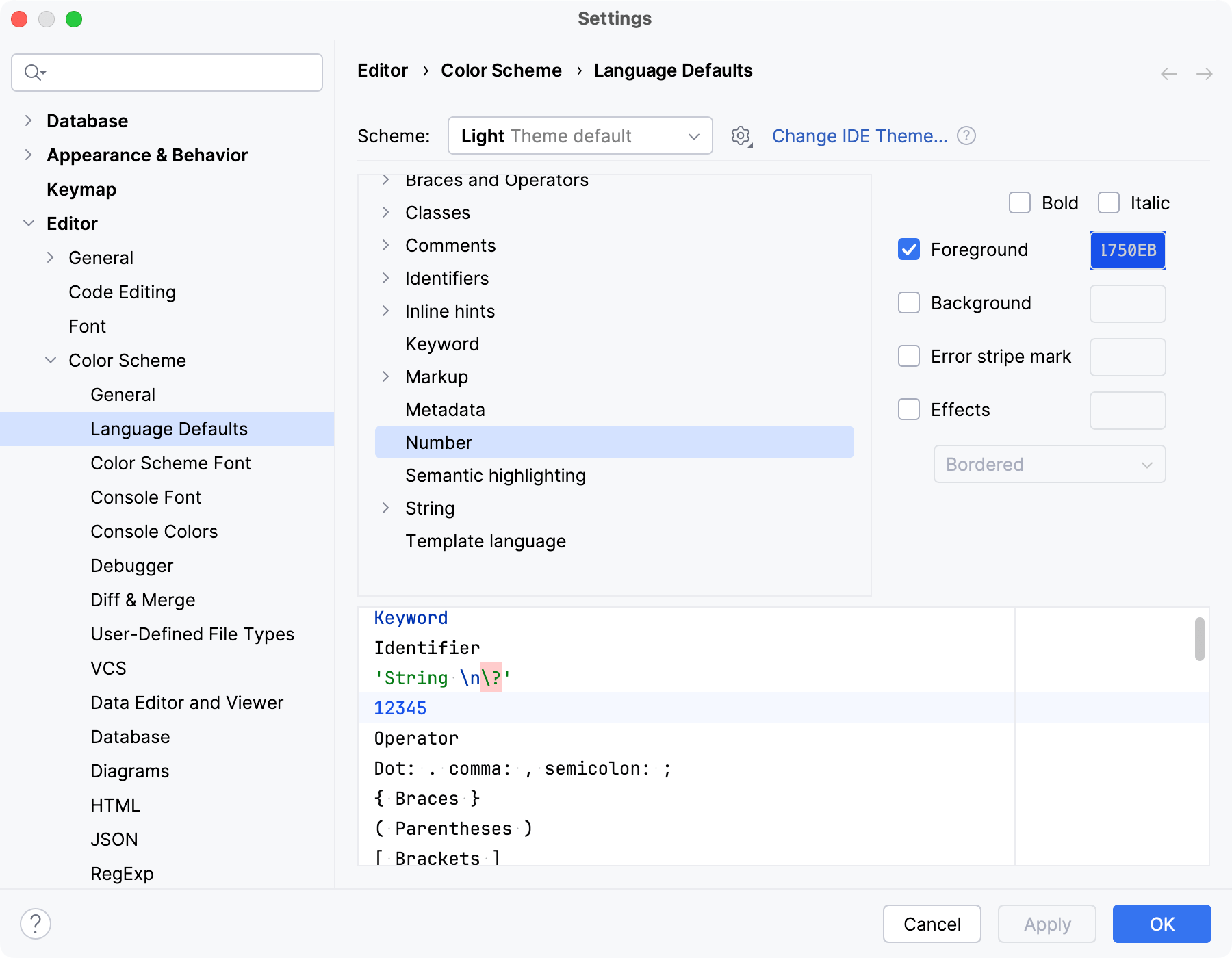 Language Defaults section under Color Scheme settings Language Defaults section under Color Scheme settings