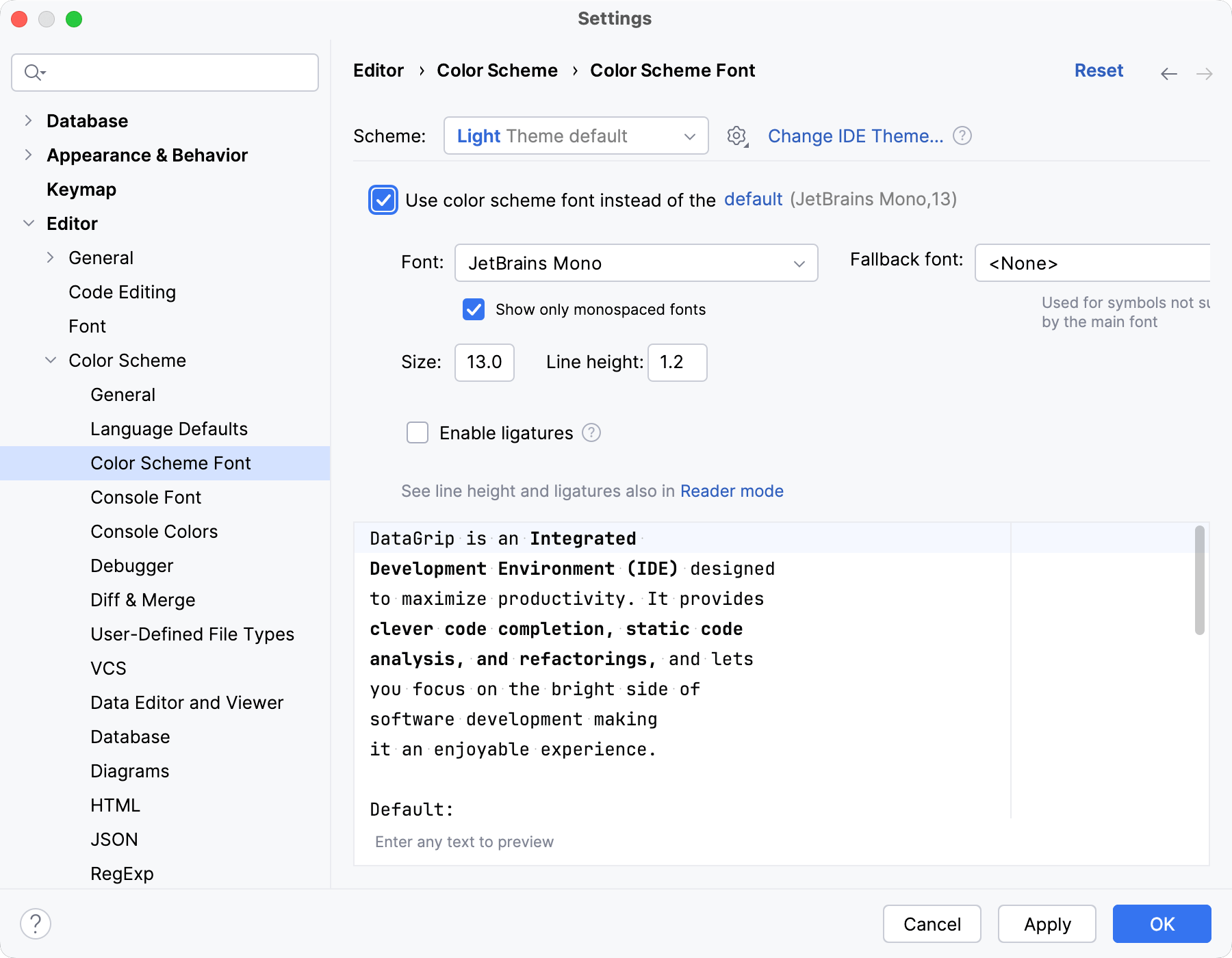 The Color Scheme Font settings page The Color Scheme Font settings page