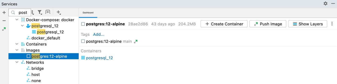 The Docker tool window, text search The Docker tool window, text search