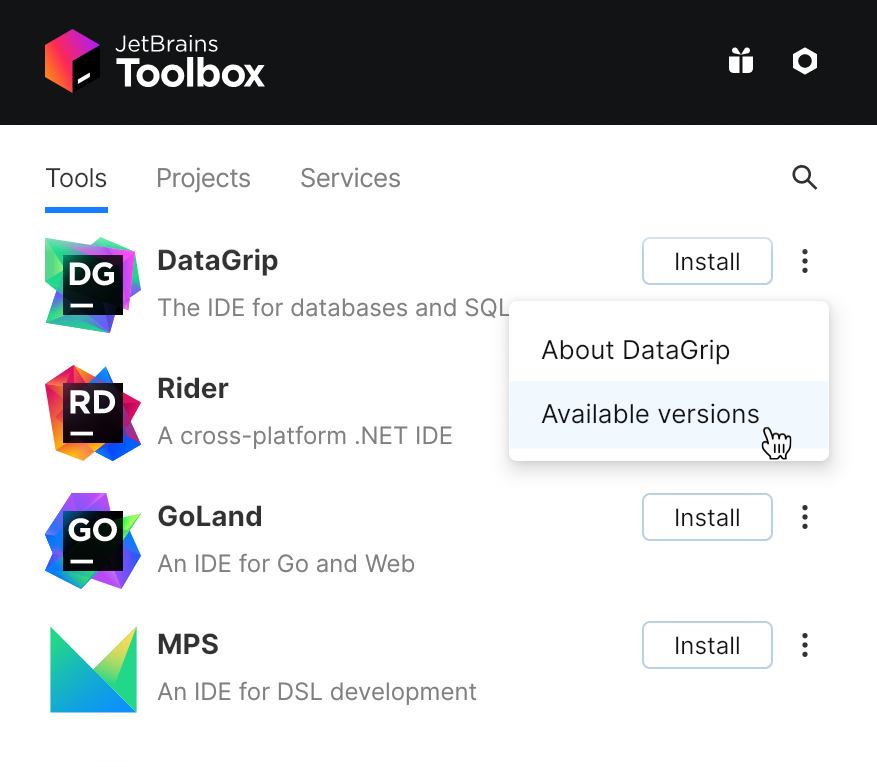 DataGrip in the Toolbox app DataGrip in the Toolbox app