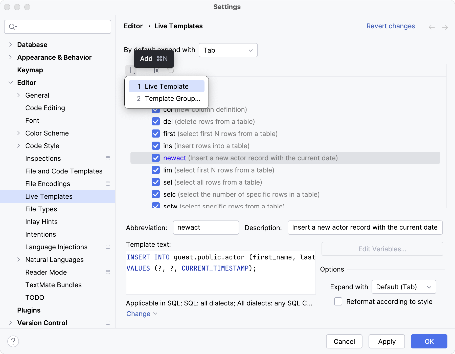 Creating a new live template with user parameters