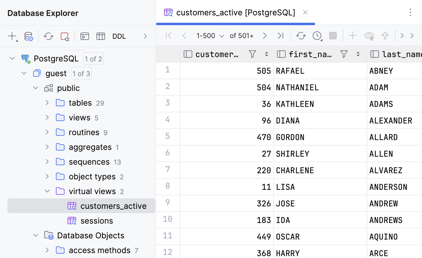 Virtual view result set in a data editor tab Virtual view result set in a data editor tab