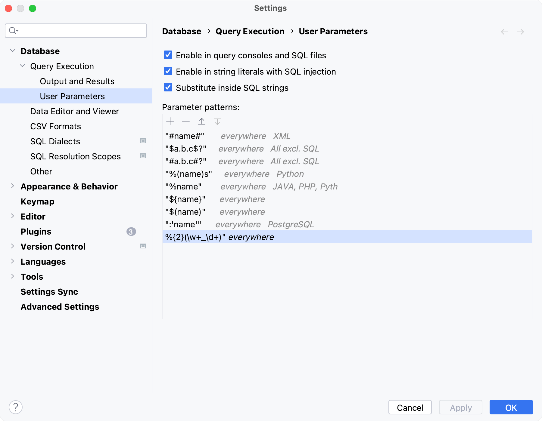Example of a parameter pattern in IDE Settings dialog Example of a parameter pattern in IDE Settings dialog