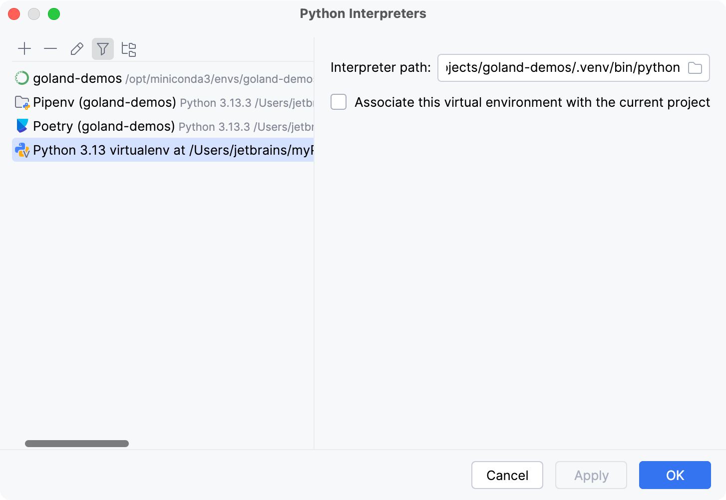 See the list of available Python interpreters