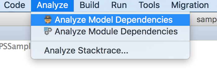 メインメニューからの依存関係アナライザー Dependencies Analyzer from the main menu