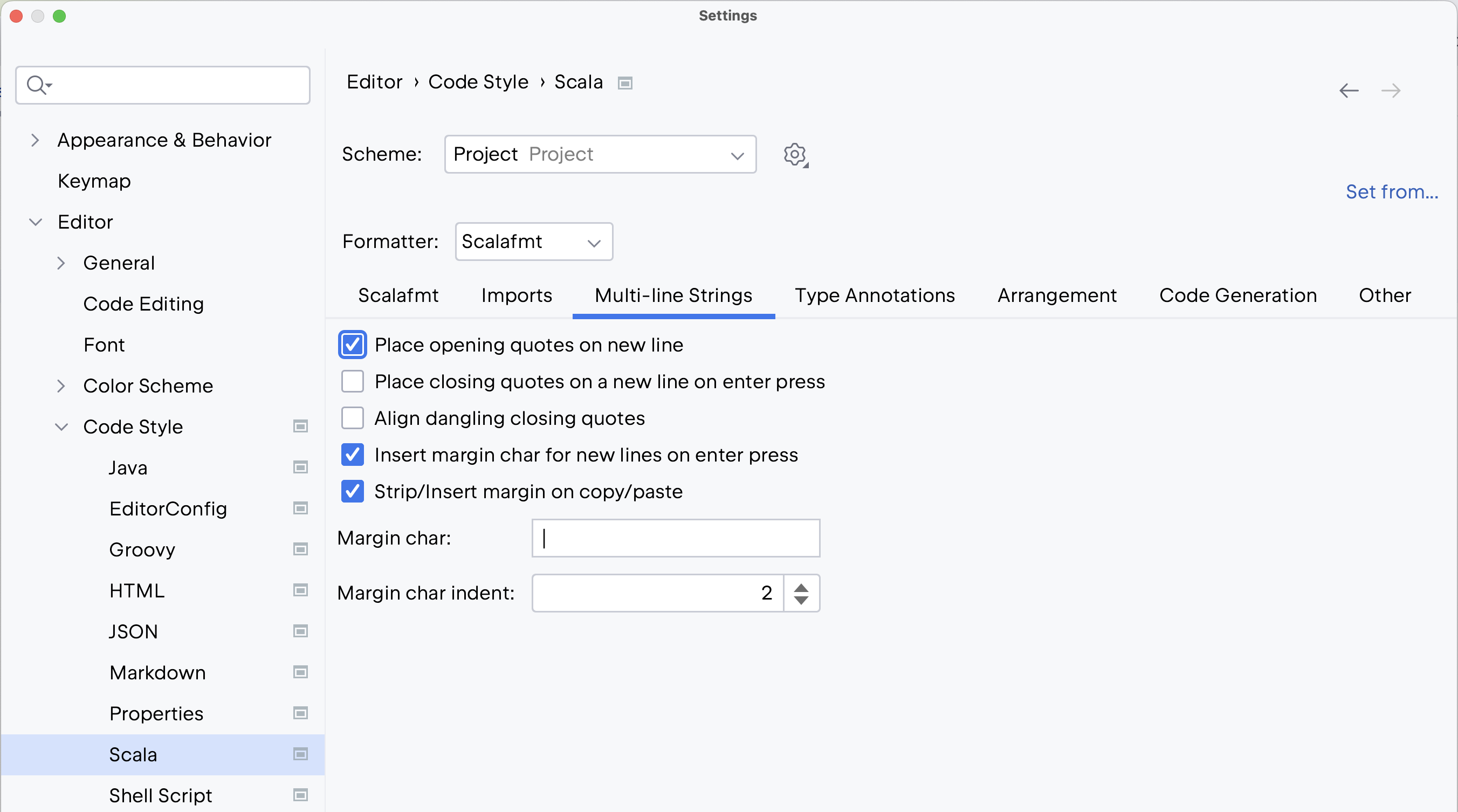 the Multi-line strings settings the Multi-line strings settings