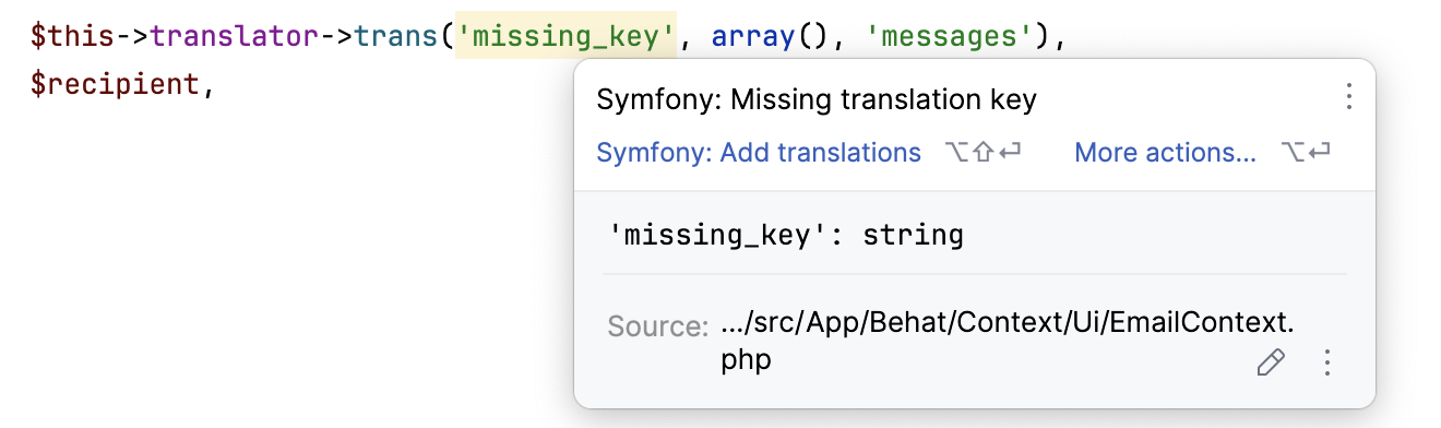 Symfony Missing translation inspection Symfony Missing translation inspection