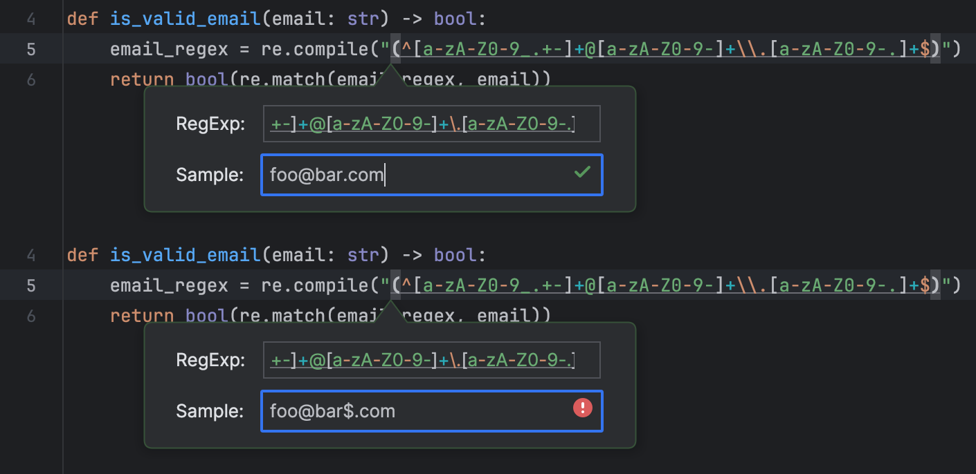 A dialog with current regex