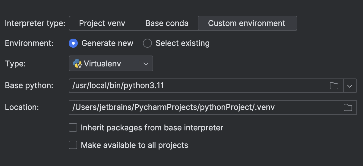 Custom environment options for the new Python project