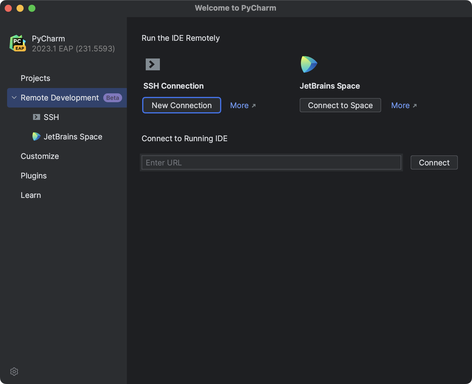 Configuring remote development settings on Welcome screen
