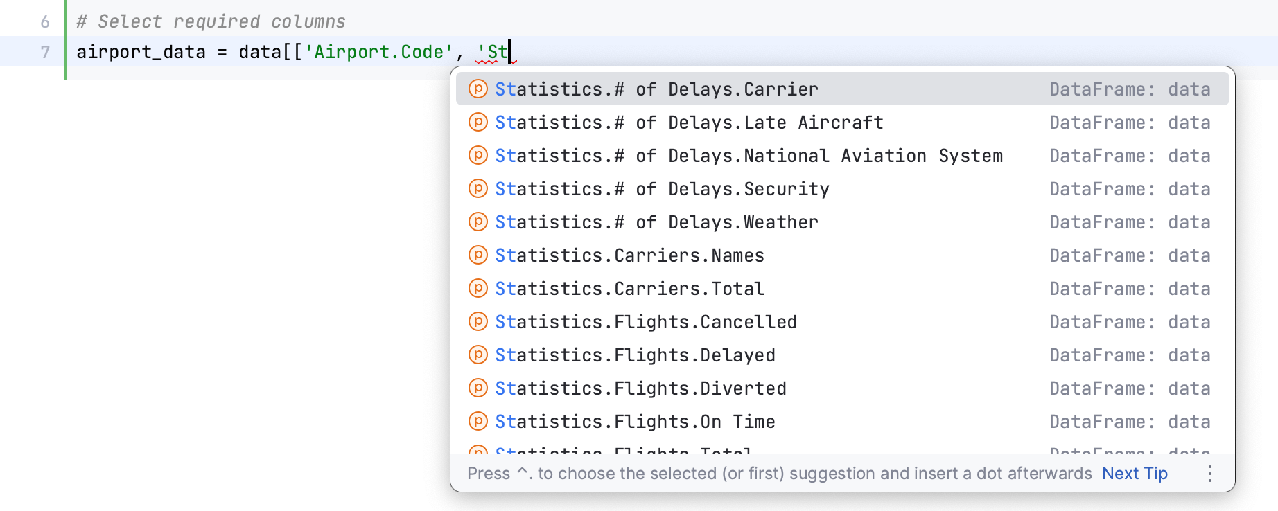 Auto completion of column headers names Auto completion of column headers names