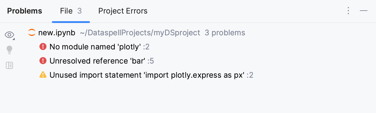 DataSpell: Problems tool window. Current File tab DataSpell: Problems tool window. Current File tab