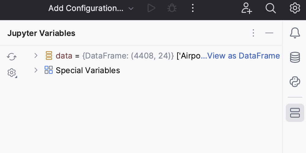 Jupyter Variables tool window with data variable Jupyter Variables tool window with data variable