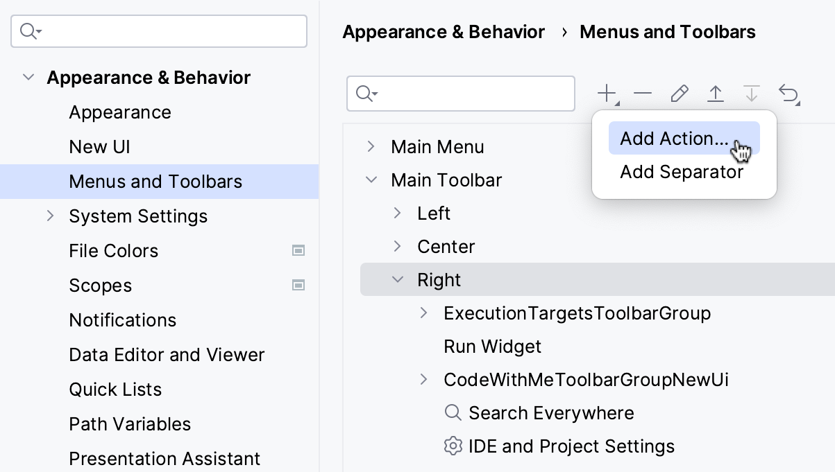 Adding the Run Anything action to the main toolbar Adding the Run Anything action to the main toolbar