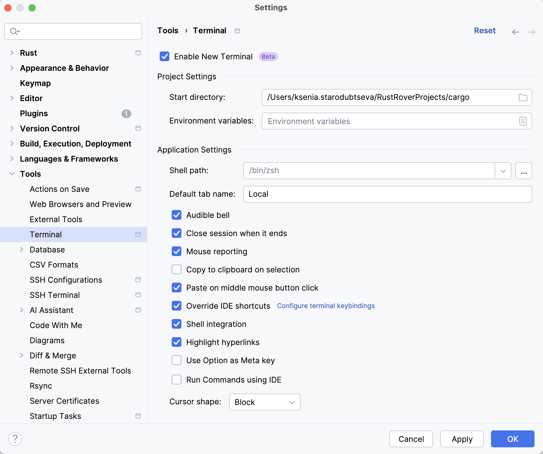 Settings | Tools | Terminal Settings | Tools | Terminal