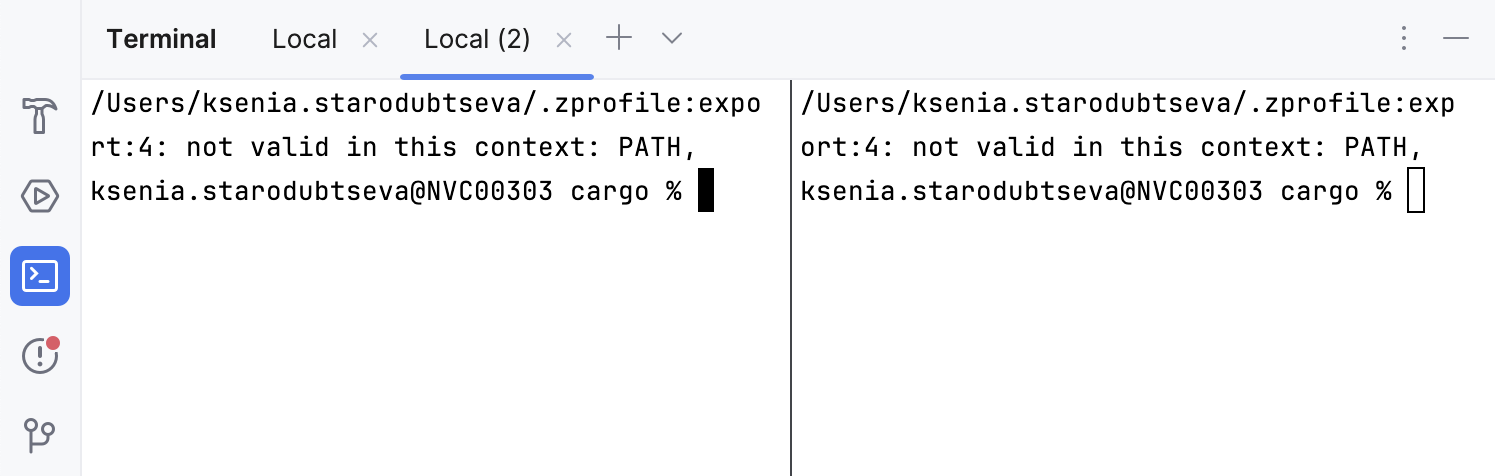 Splitting the terminal vertically (Split Right) Splitting the terminal vertically (Split Right)