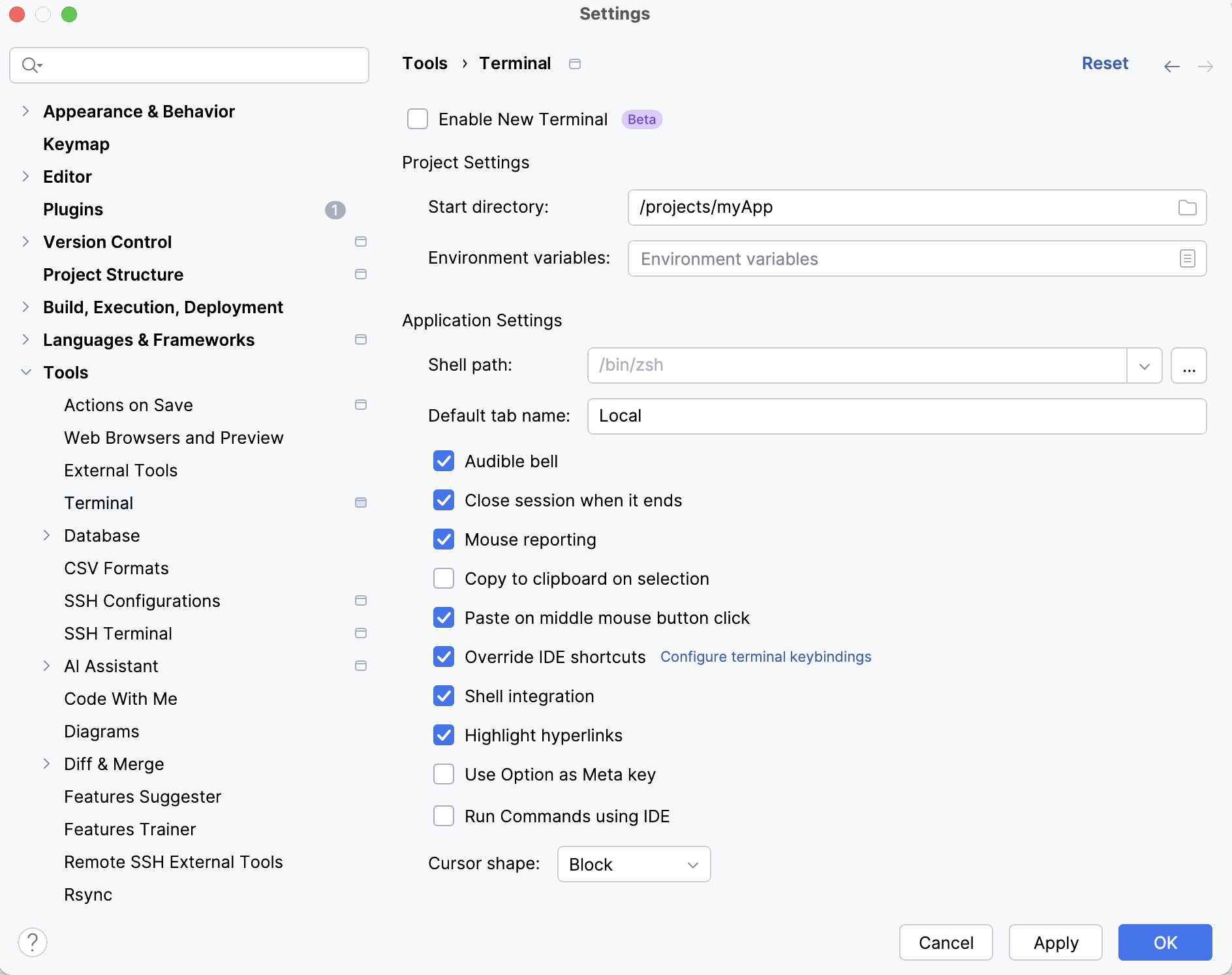 Settings | Tools | Terminal Settings | Tools | Terminal