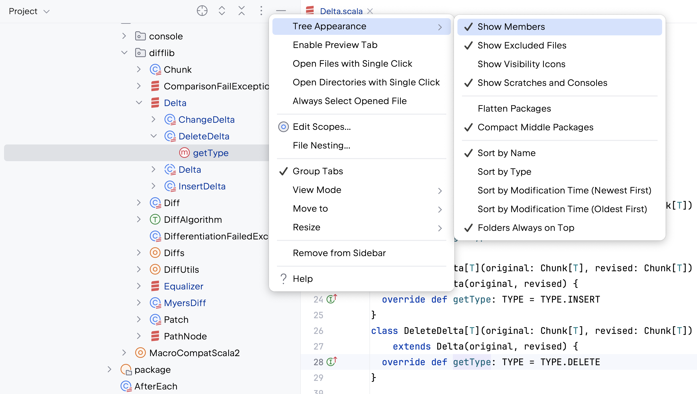在 Project 工具窗口中显示成员 在 Project 工具窗口中显示成员