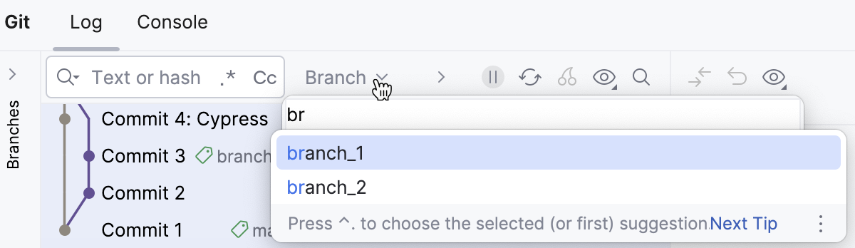 Filter log by branch