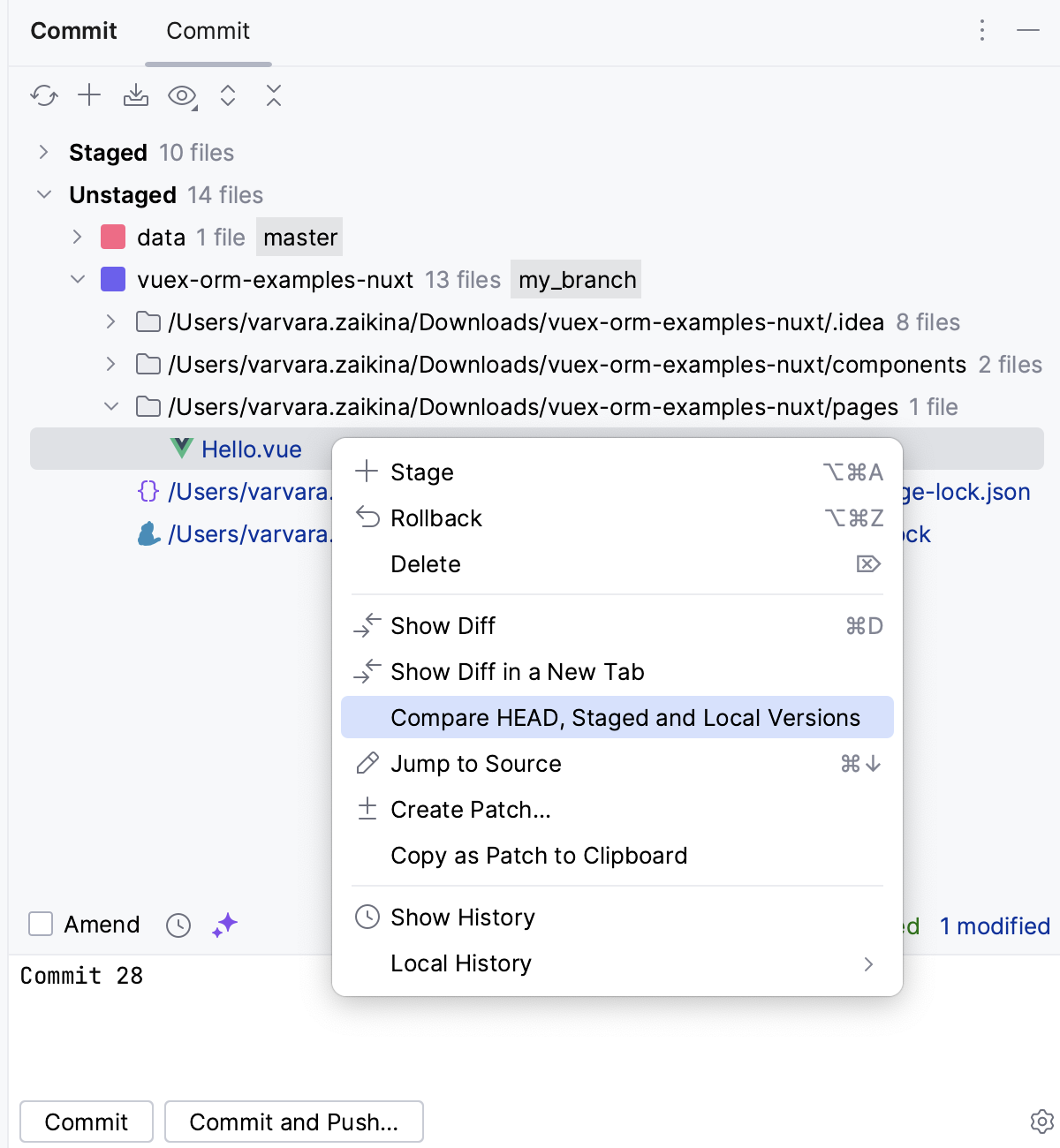Stage changes interactively: Open the Diff Viewer